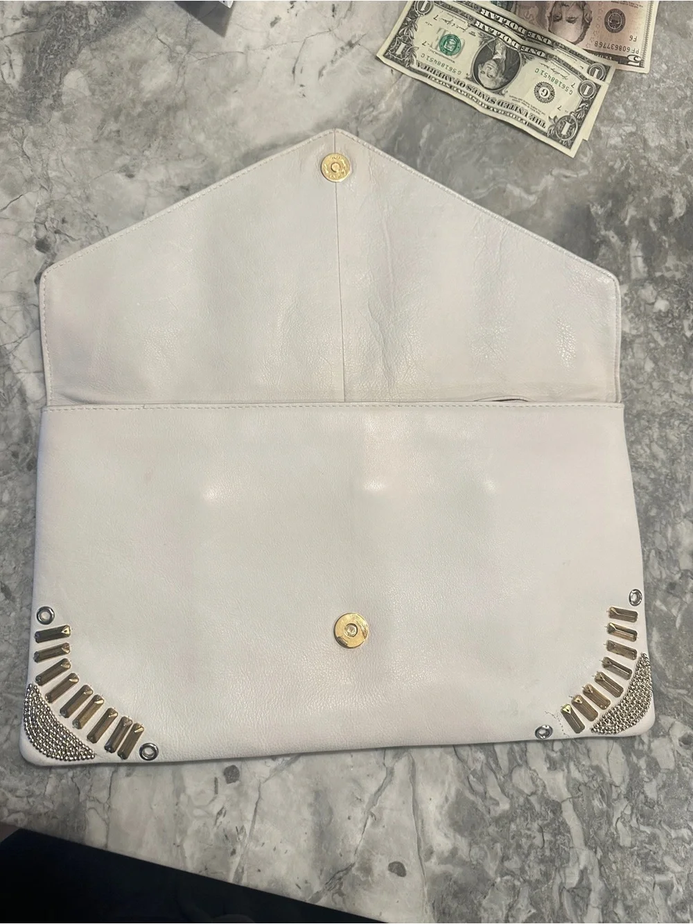 Ash White Envelope Clutch with Gold & Silver Stud Embellishments